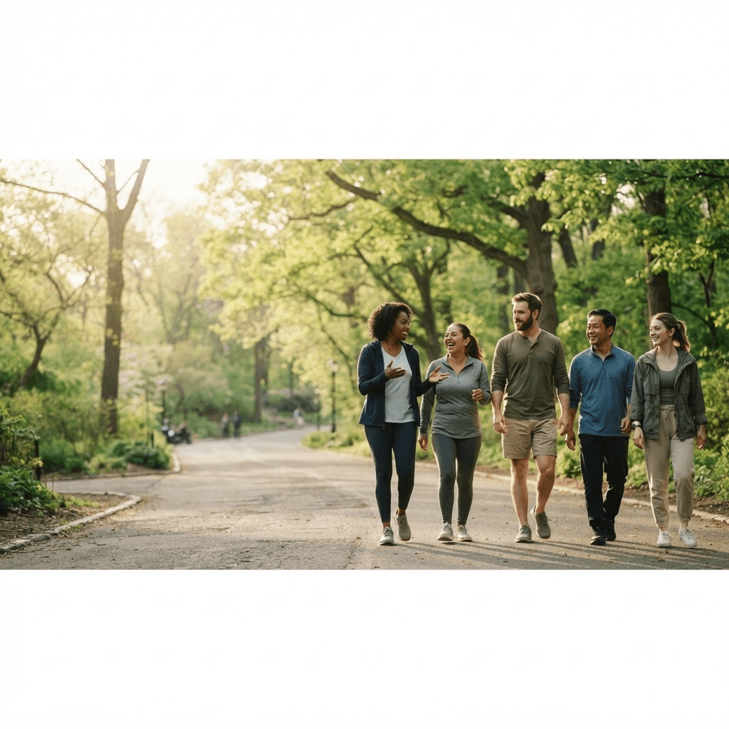 A group of adults walking together along a tree-lined park path in early morning light