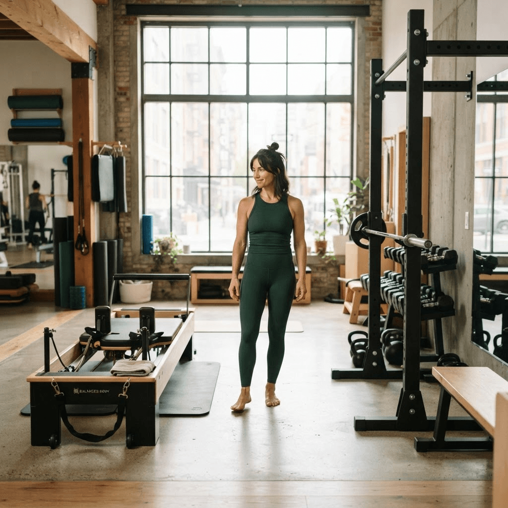 Woman comparing a Pilates reformer and free weights in a bright strength studio