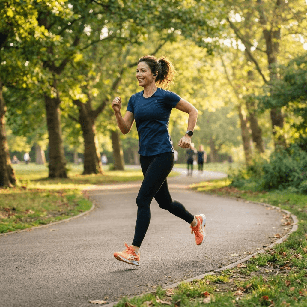 Person power-walking briskly along a tree-lined park path in bright early-morning sunlight, mid-stride with a clear arm swing