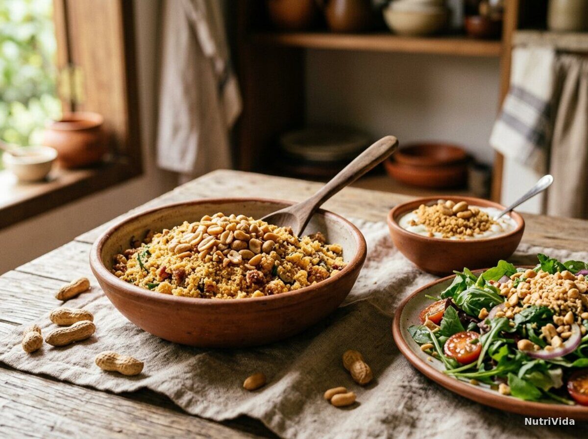 Tigela de farofa de mandioca coberta com amendoim granulado, ao lado de salada verde e iogurte polvilhados com amendoim triturado