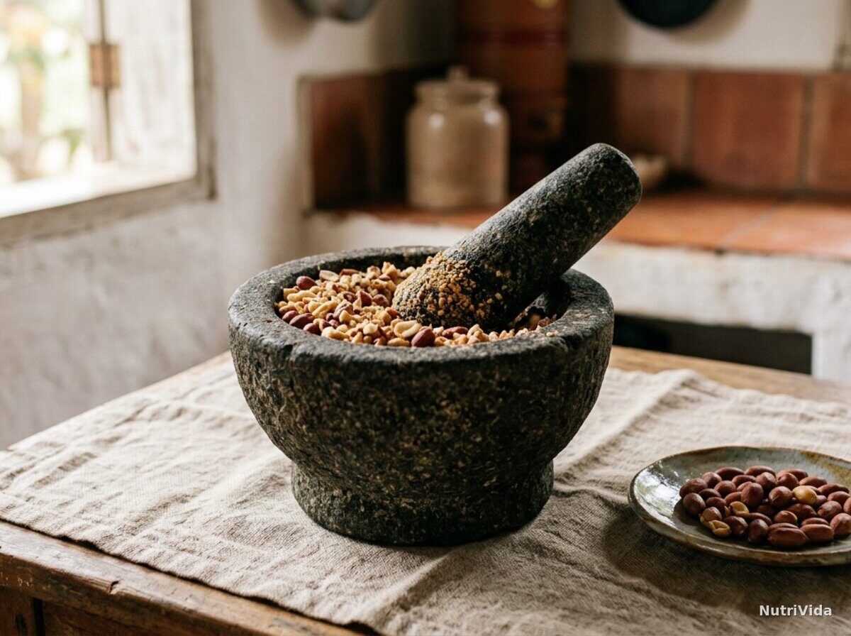 Pilão de granito com amendoim torrado quebrado em pedaços grossos, com pratinho de amendoim inteiro ao lado