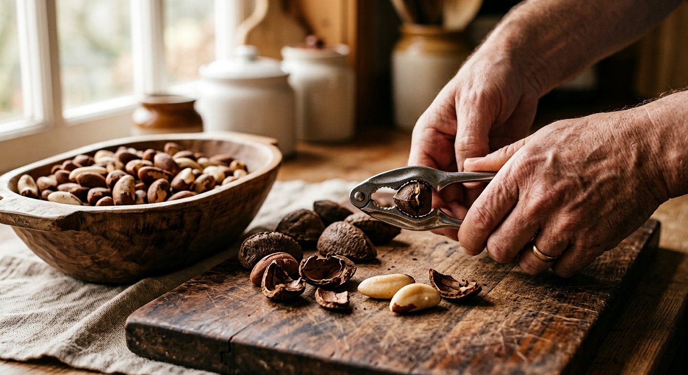 Mãos usando um quebra-nozes de metal para abrir uma castanha do pará sobre uma tábua de madeira, com amêndoas já retiradas ao lado