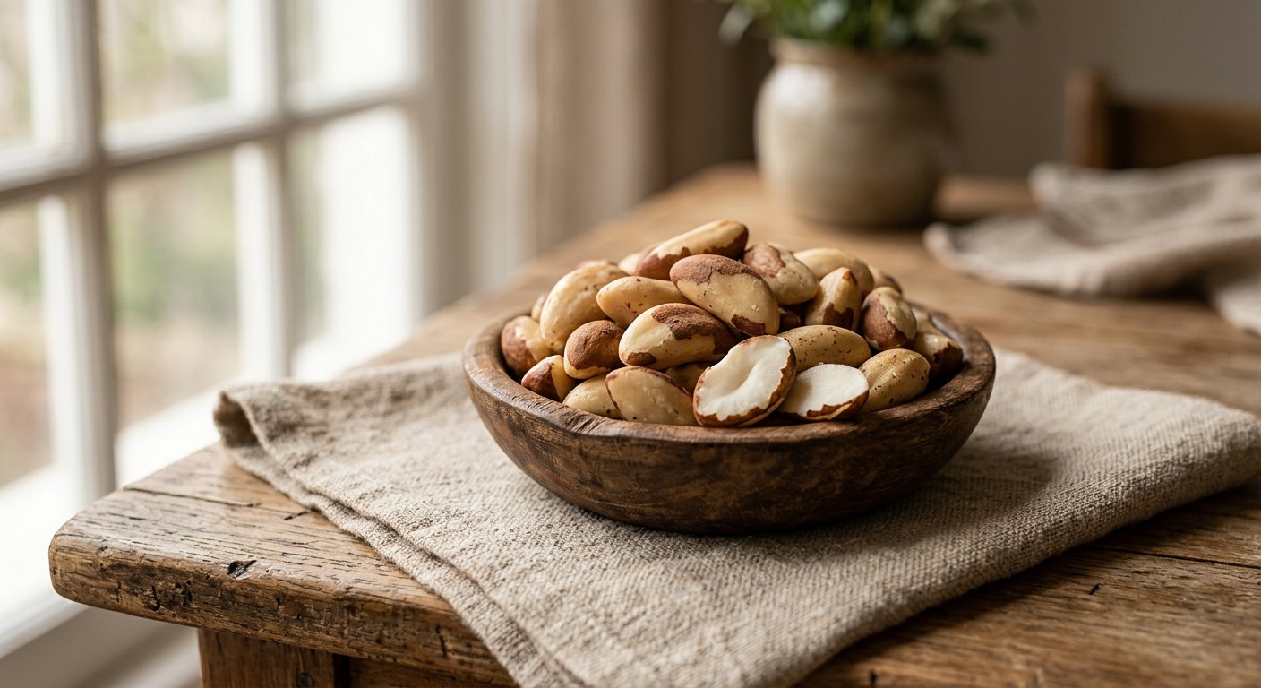 Tigela de madeira com amêndoas de castanha do pará já descascadas, uma delas partida ao meio, sobre linho bege