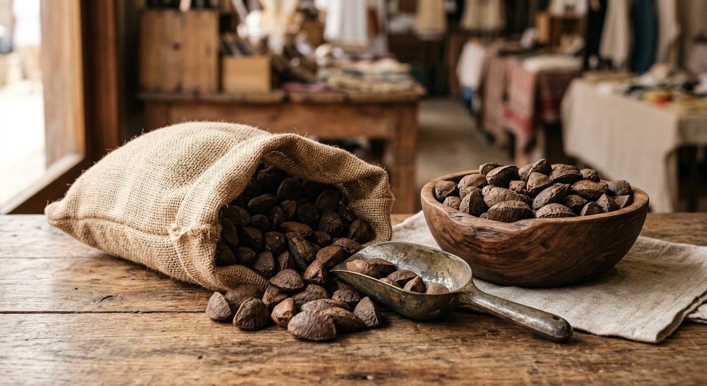 Saco de juta aberto derramando castanhas do pará com casca sobre uma mesa de madeira rústica, ao lado de uma tigela cheia e uma pá de metal