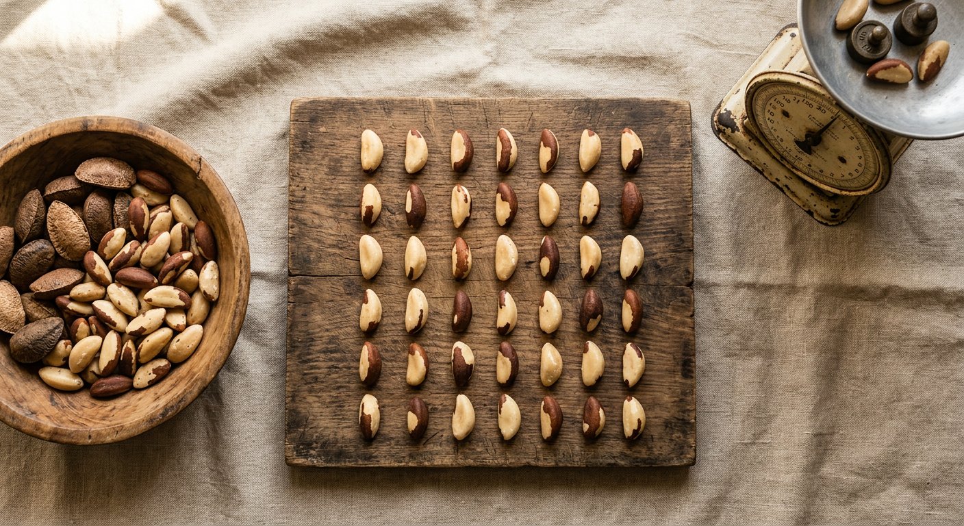 Amêndoas de castanha do pará alinhadas em fileiras sobre uma tábua de madeira, ao lado de uma tigela cheia de castanhas e de uma balança de cozinha antiga