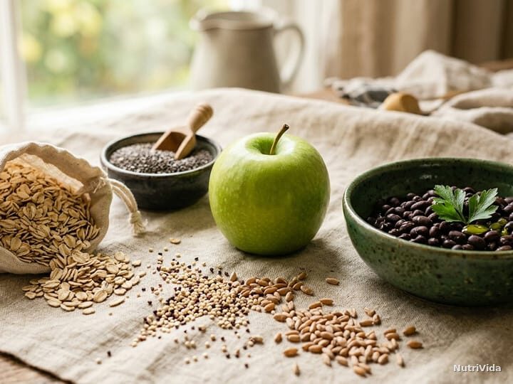 Alimentos ricos em fibras sobre linho: aveia em sacola de tecido, sementes de chia, maçã, feijão preto e grãos integrais