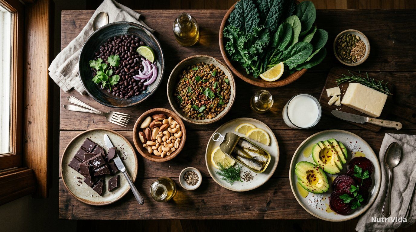 Mesa de madeira com fontes de minerais: feijão preto, lentilha, couve e espinafre, castanhas, sementes de abóbora, sardinha, queijo, leite, chocolate amargo, abacate e beterraba