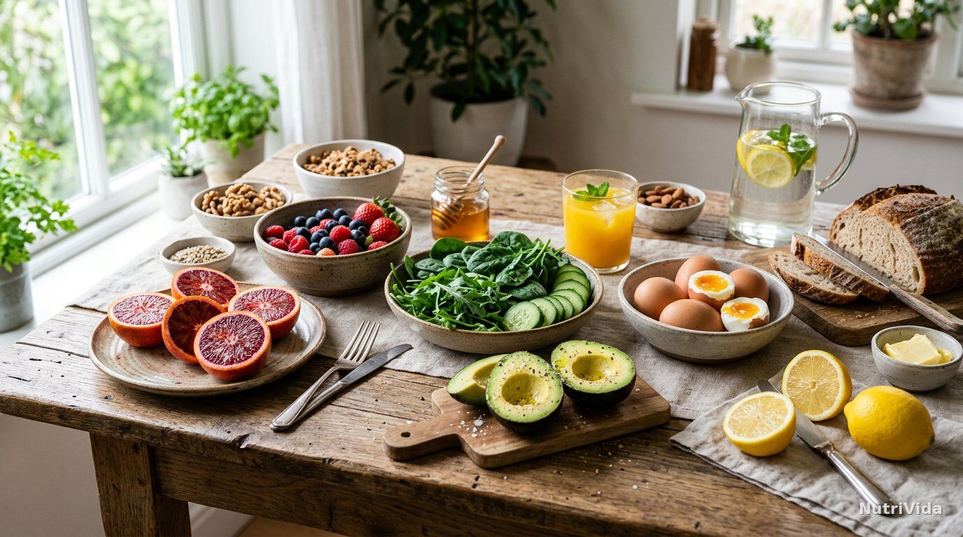 Variedade de frutas cítricas, fatias de abacate, ovos frescos e alimentos ricos em vitaminas sobre mesa clara