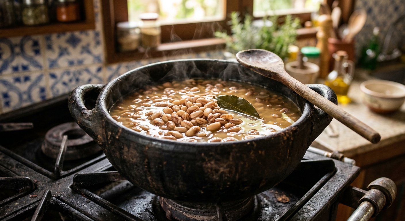 Panela escura com feijão carioca cozido em caldo claro dourado, com folha de louro e vapor subindo