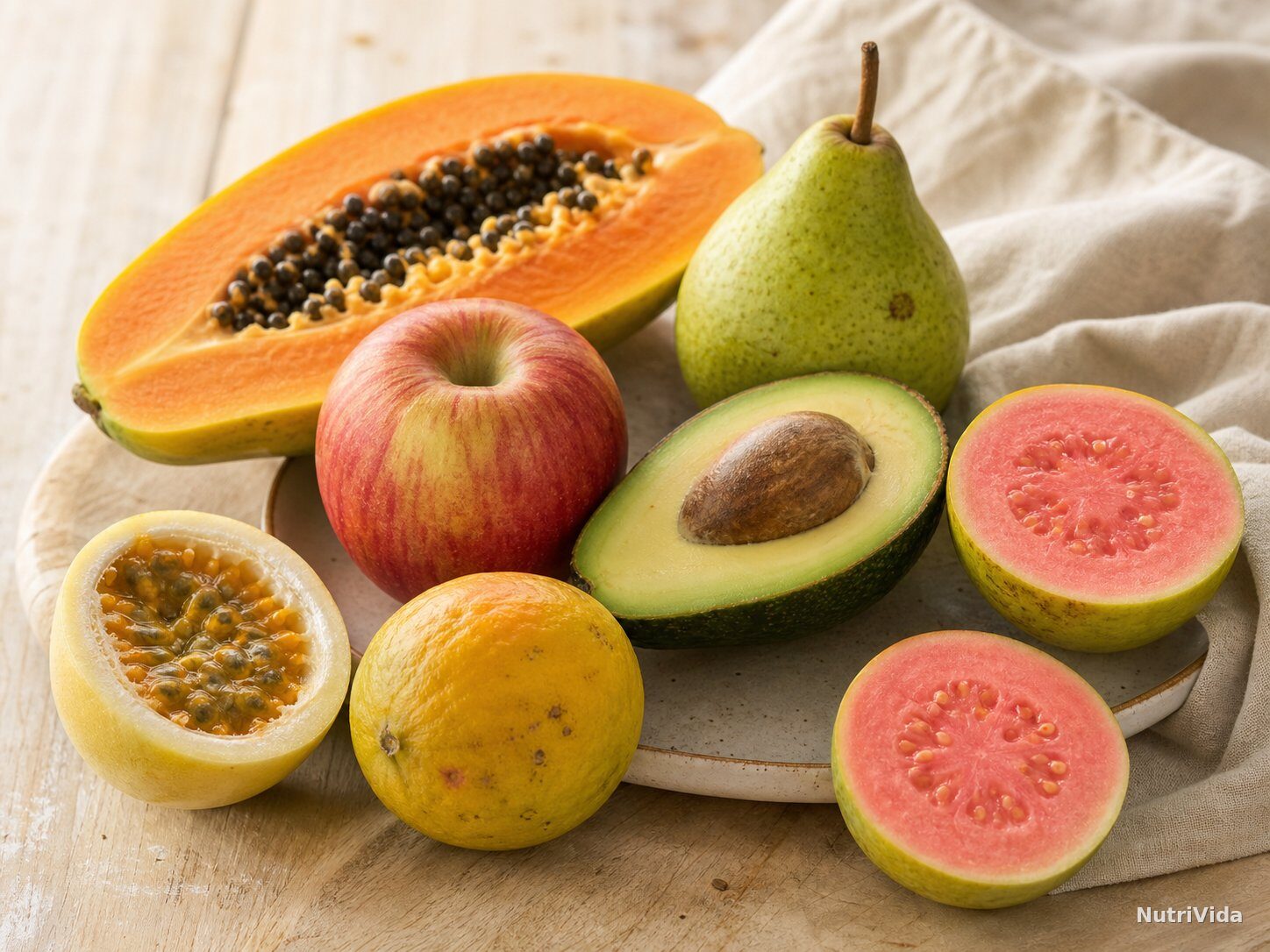 Mamão, pera, maçã, abacate, goiaba e frutas abertas servidas com casca e polpa