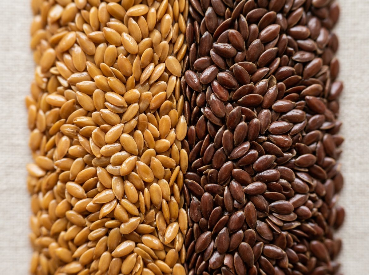 Macro das sementes de linhaça dourada e marrom lado a lado, mostrando a diferença de cor e de brilho entre as duas