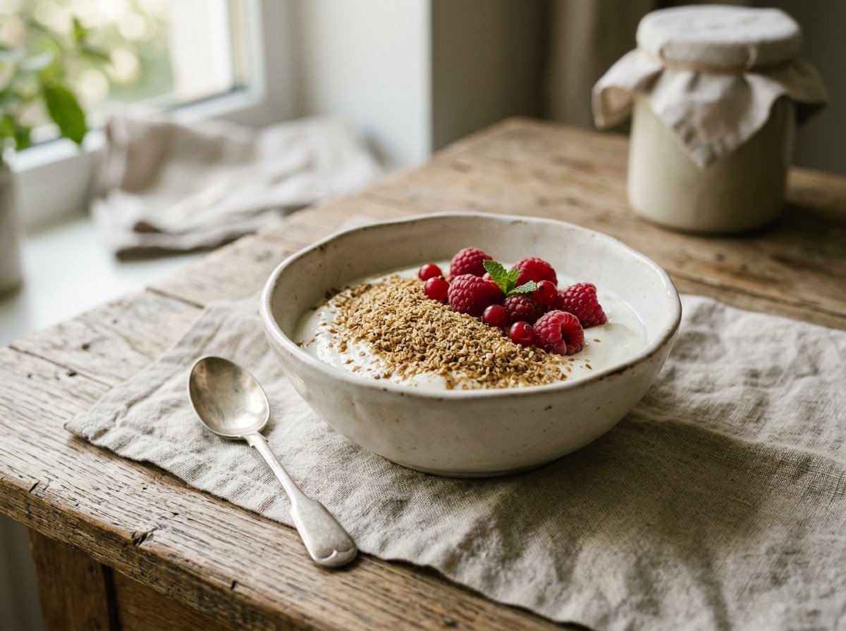 Tigela de cerâmica com iogurte natural coberto por linhaça moída e frutas vermelhas, sobre pano de linho