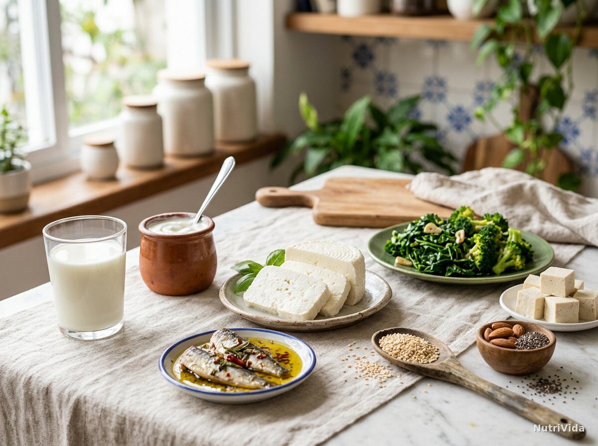 15 alimentos ricos em cálcio além do leite: lista com quantidades — Foto: NutriVida Mesa clara com toalha de linho e fontes de cálcio: copo de leite, iogurte natural em pote de cerâmica, queijo minas fatiado, sardinhas em azeite, sementes de gergelim, amêndoas, chia, tofu, couve e brócolis
