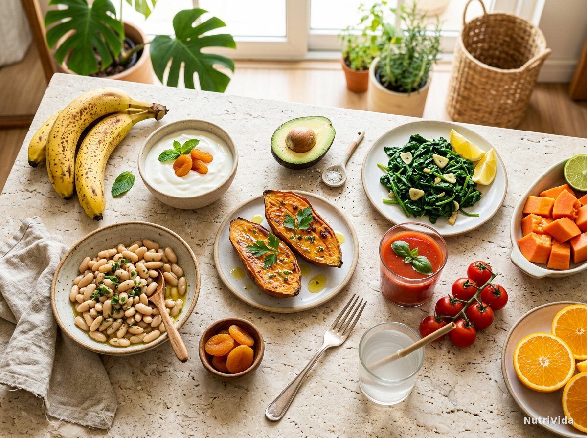 20 alimentos ricos em potássio muito além da banana: lista com quantidades — Foto: NutriVida Bancada clara com fontes de potássio: bananas maduras, abacate cortado, batata-doce assada, feijão branco, espinafre refogado, suco de tomate, água de coco, damasco seco, mamão, laranja e iogurte natural