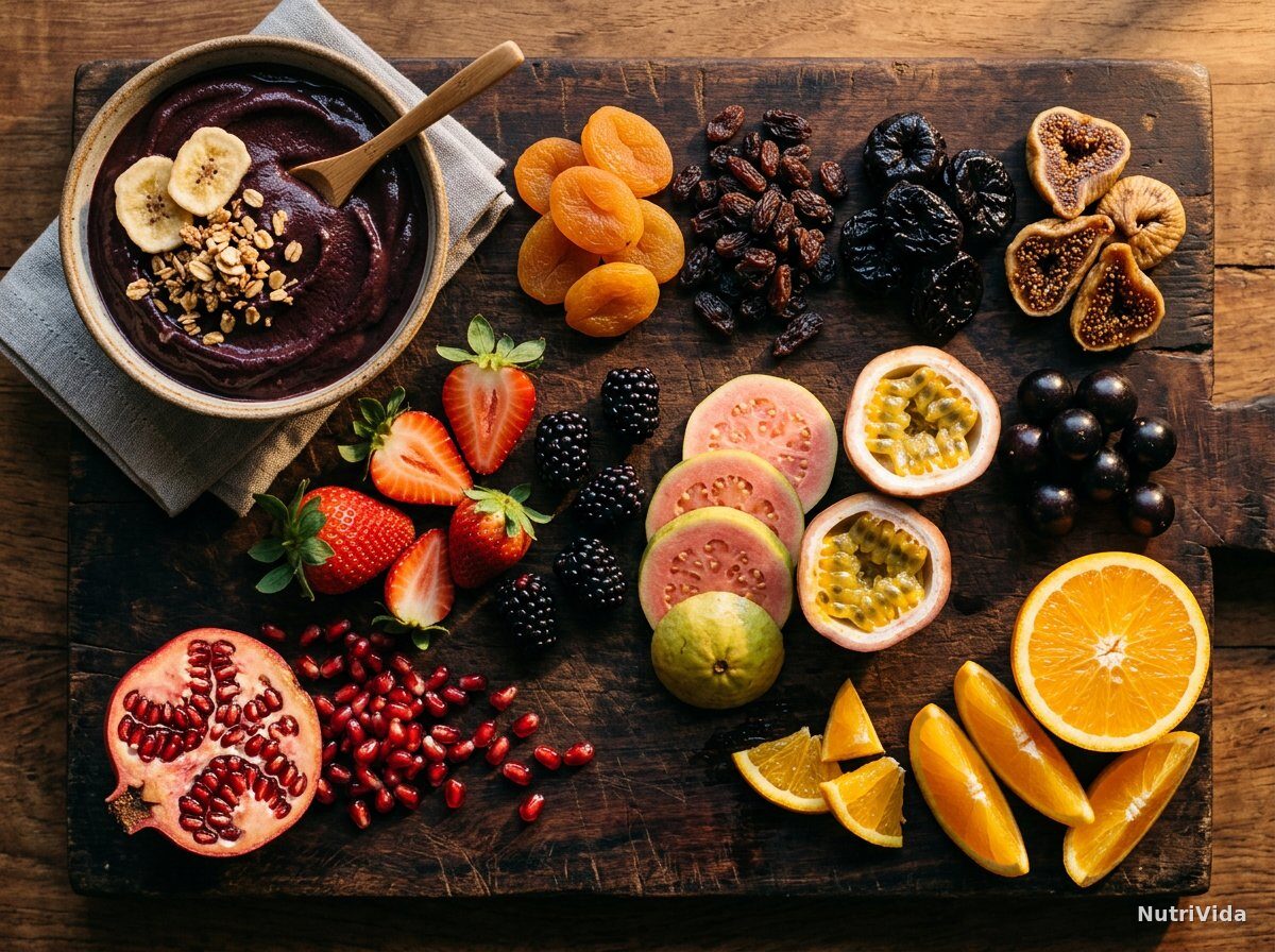 12 frutas ricas em ferro: quais realmente ajudam (e como combinar) — Foto: NutriVida Tábua de madeira escura com frutas ricas em ferro: tigela de açaí, damasco seco, uva-passa, ameixa preta, figo seco, morango, amora, romã, goiaba fatiada, maracujá, jabuticaba e laranja cortada