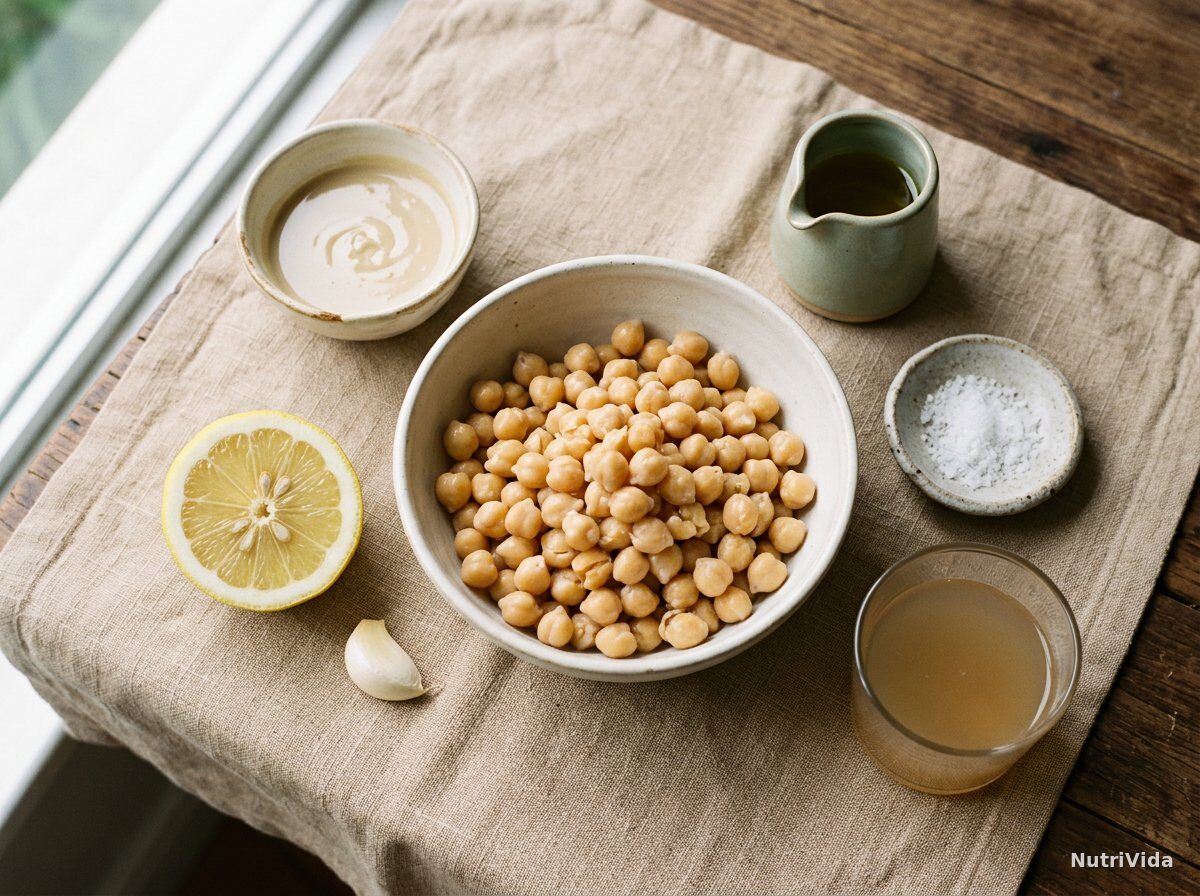 Ingredientes medidos para pasta de grão-de-bico: grãos cozidos, tahine, limão, alho, azeite, sal e água