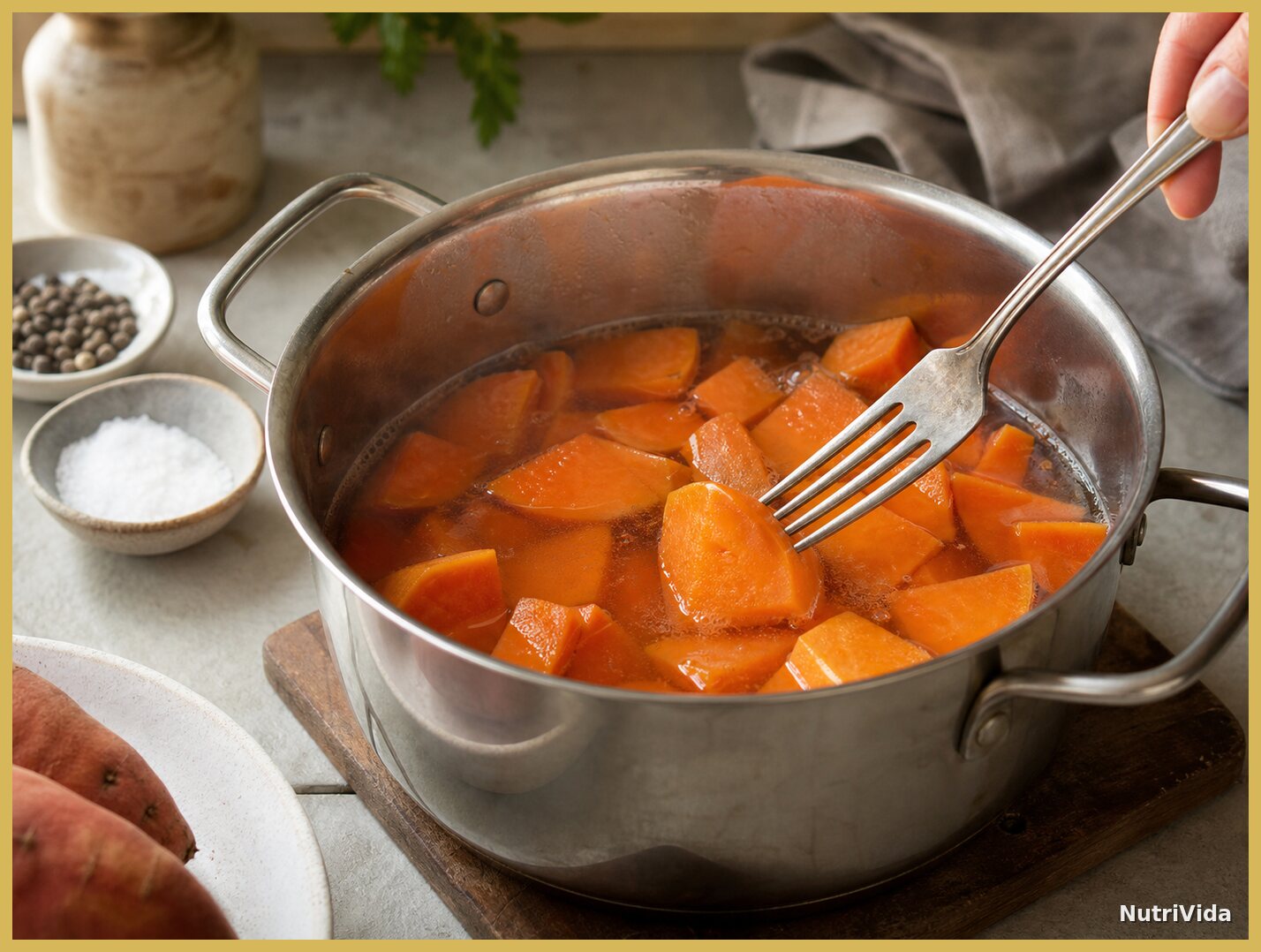 Pedaços de batata-doce alaranjada cozinhando em uma panela, com um garfo testando o ponto