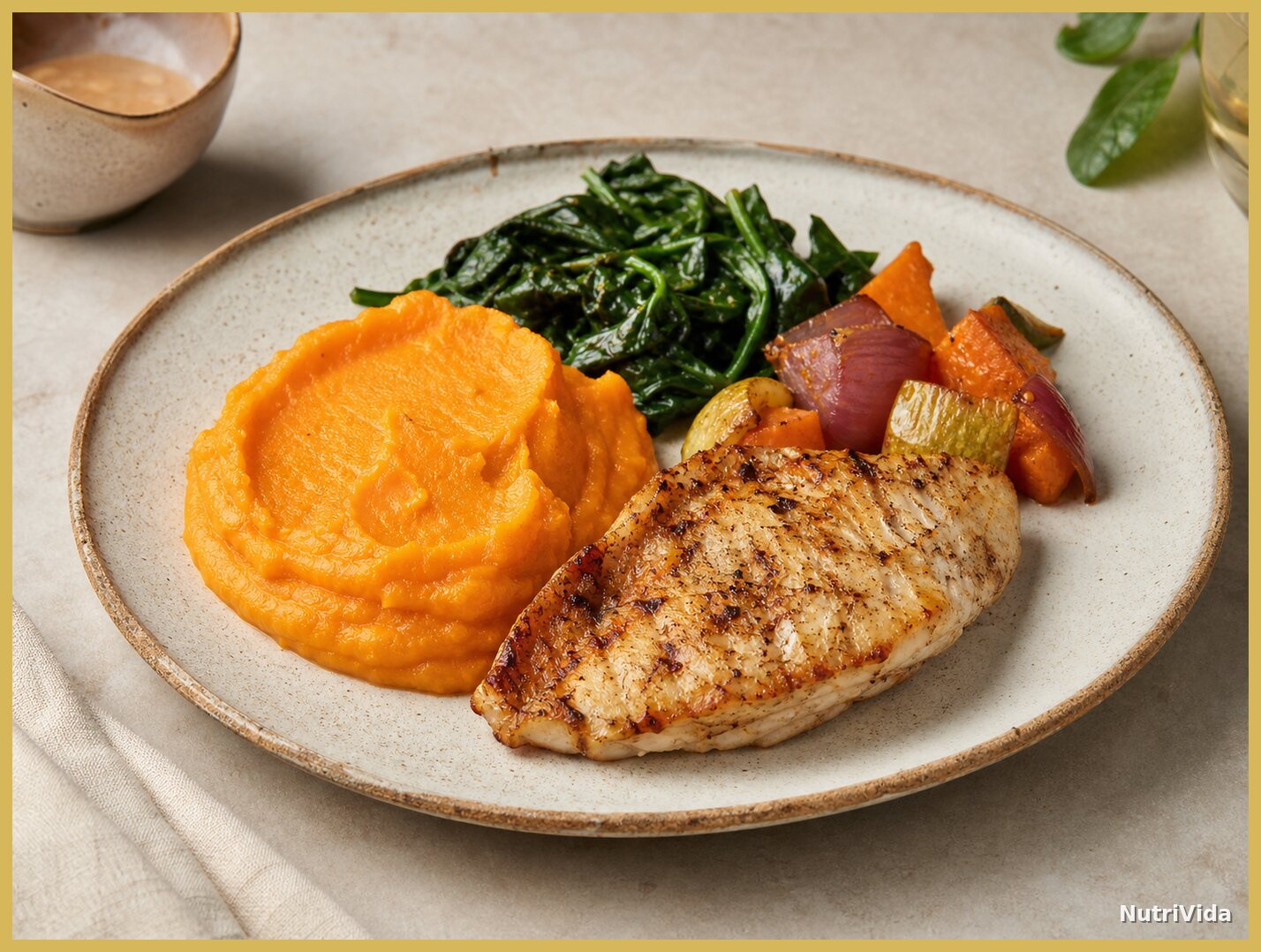 Purê de batata-doce cremoso servido ao lado de peixe grelhado, folhas e legumes assados
